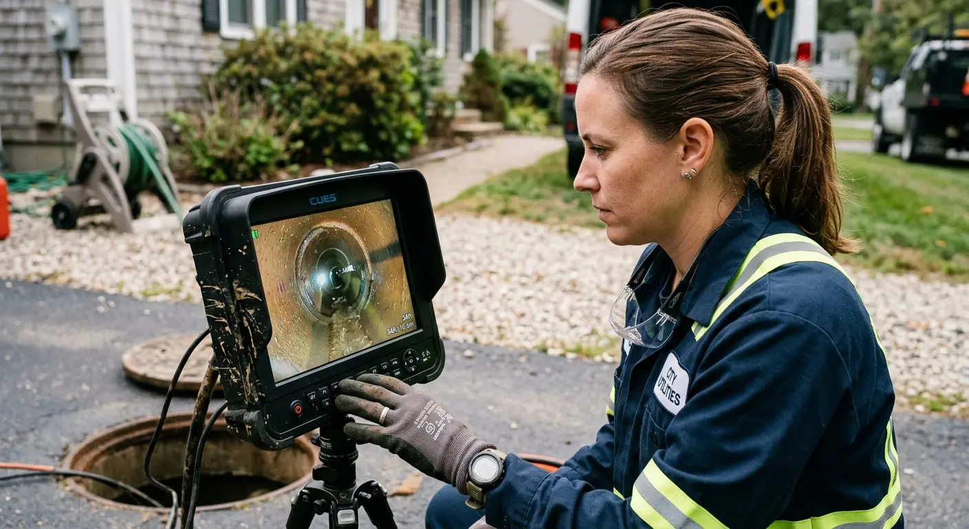 Technician reviewing sewer camera inspection footage in Columbiana