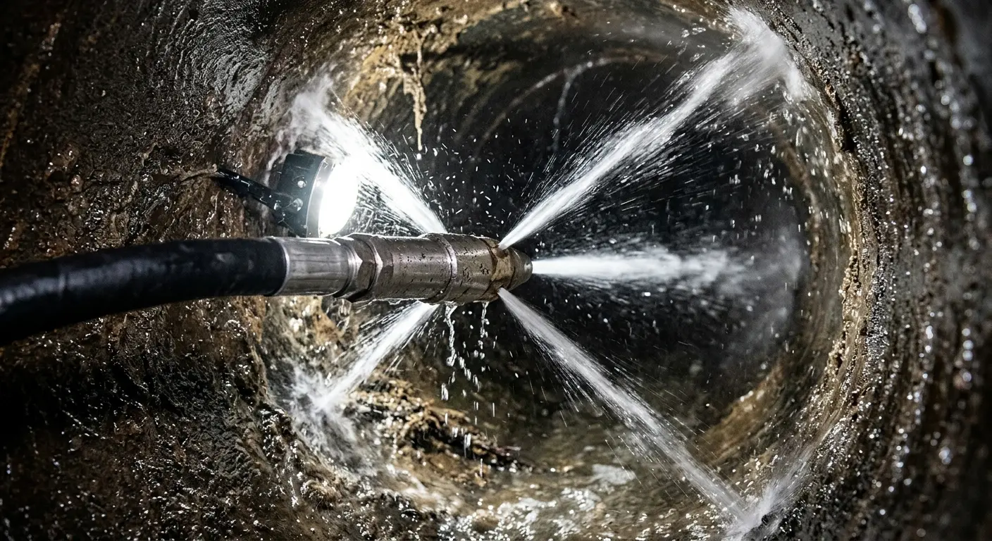 High-pressure hydro jetting nozzle cleaning sewer pipe for Trenchless Sewer Repair in Columbiana