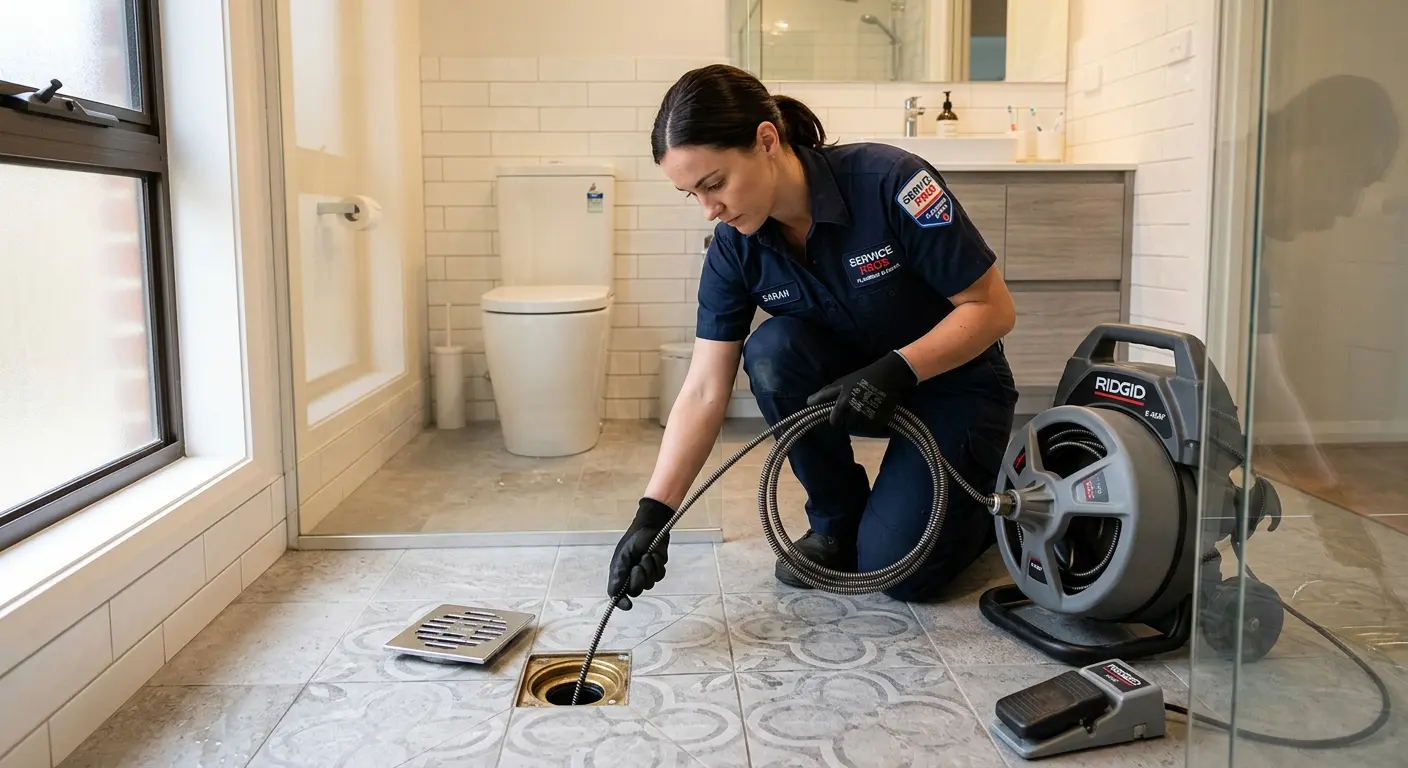Technician clearing a bathroom floor drain for Hydro Jetting in Columbiana